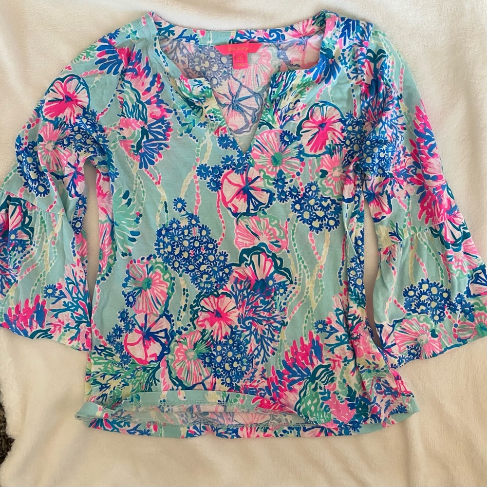 🌸 Lilly Pulitzer Fan Sea Pants Top M 3/4 Flare Sleeve Elsa Style 🌊
